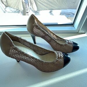 CHANEL Brown Mesh Pumps with Black Patent Cap Toe